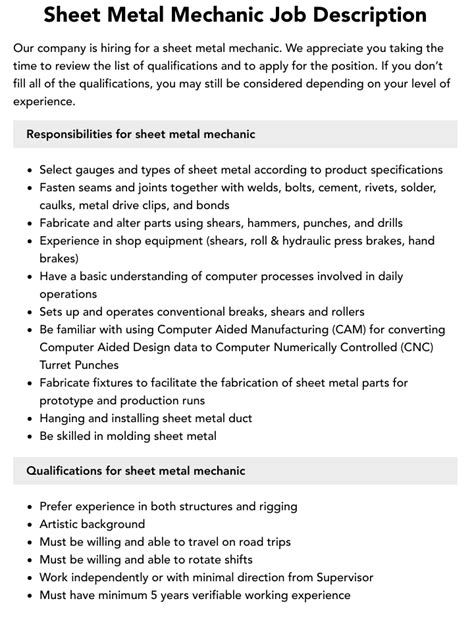 sheet metal operator job description|sheet metal welder job description.